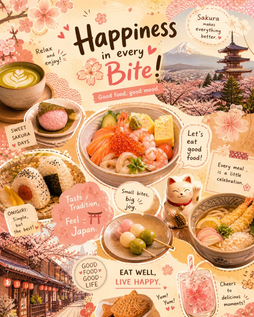 Pop-style Japanese food collage with sakura, warm beige tones, and cute English phrases about happiness and food